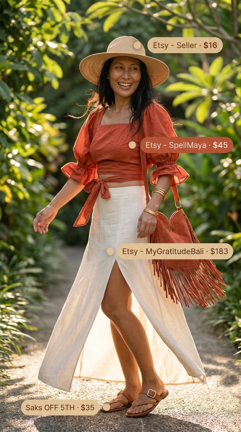 Terracotta floral print peasant set for women 2026, ideal for summer festivals or garden parties. Bohemian and earthy.