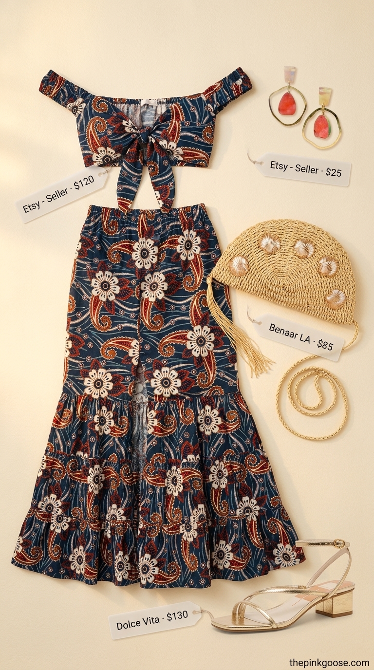 Tropical floral set for women 2026: Off-shoulder crop top, maxi skirt, gold sandals, raffia clutch.