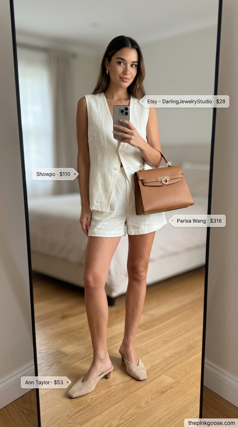 Off-white tailored shorts set with tan mules and gold necklace for women 2026 business casual.