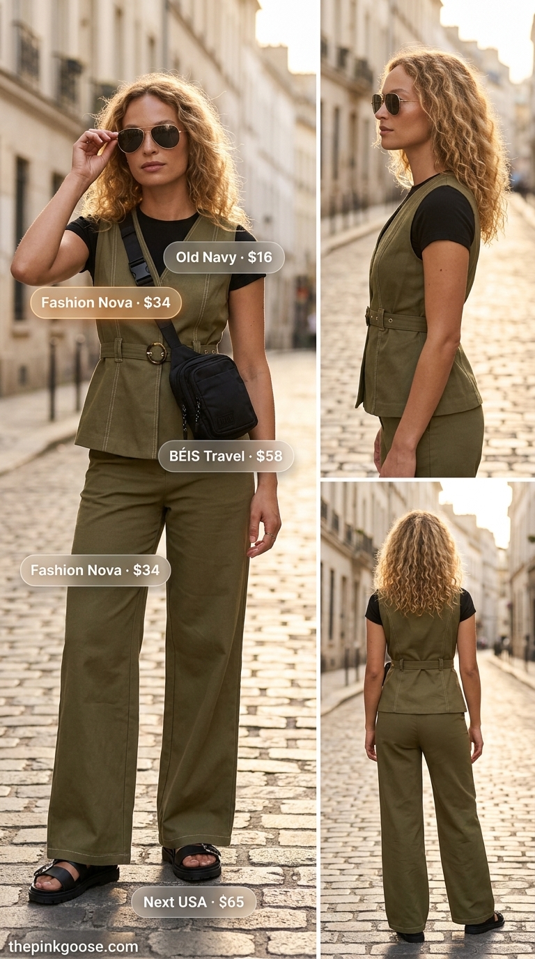Urban safari olive green set for women 2026: Cargo pants, vest, black tee, crossbody bag, aviators.