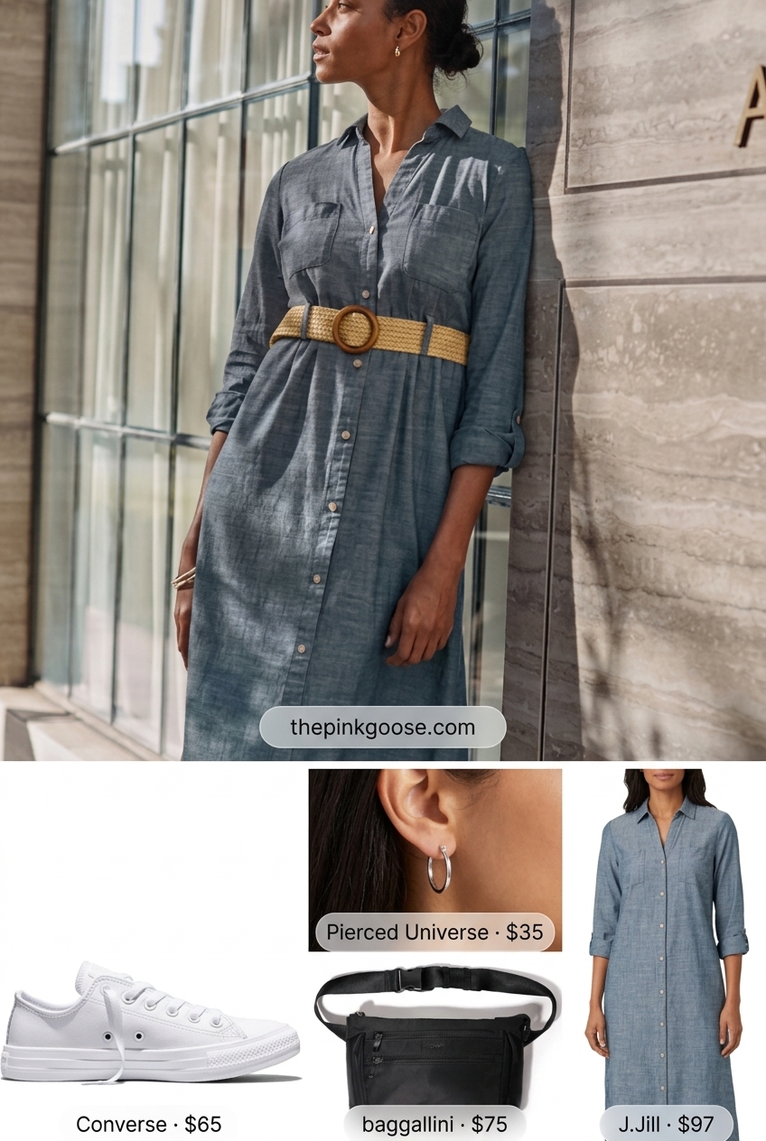 Casual light blue chambray shirt dress for women 2026, styled with white sneakers and a belt bag for errands.