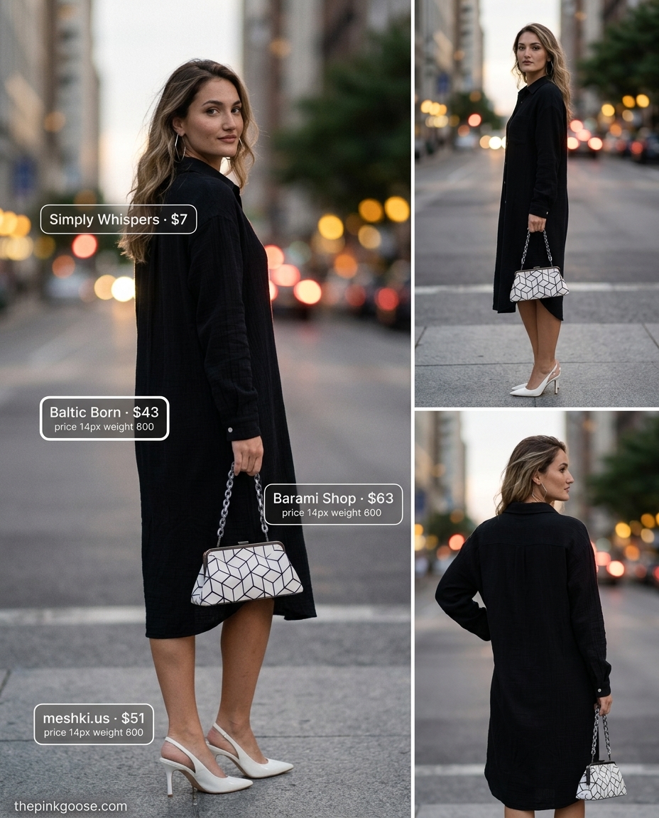 Chic black Tencel shirt dress for women 2026, perfect for evening outs with slingbacks and geometric clutch.