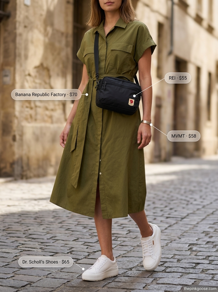Olive green utility shirt dress for women 2026, paired with white sneakers and a crossbody bag.