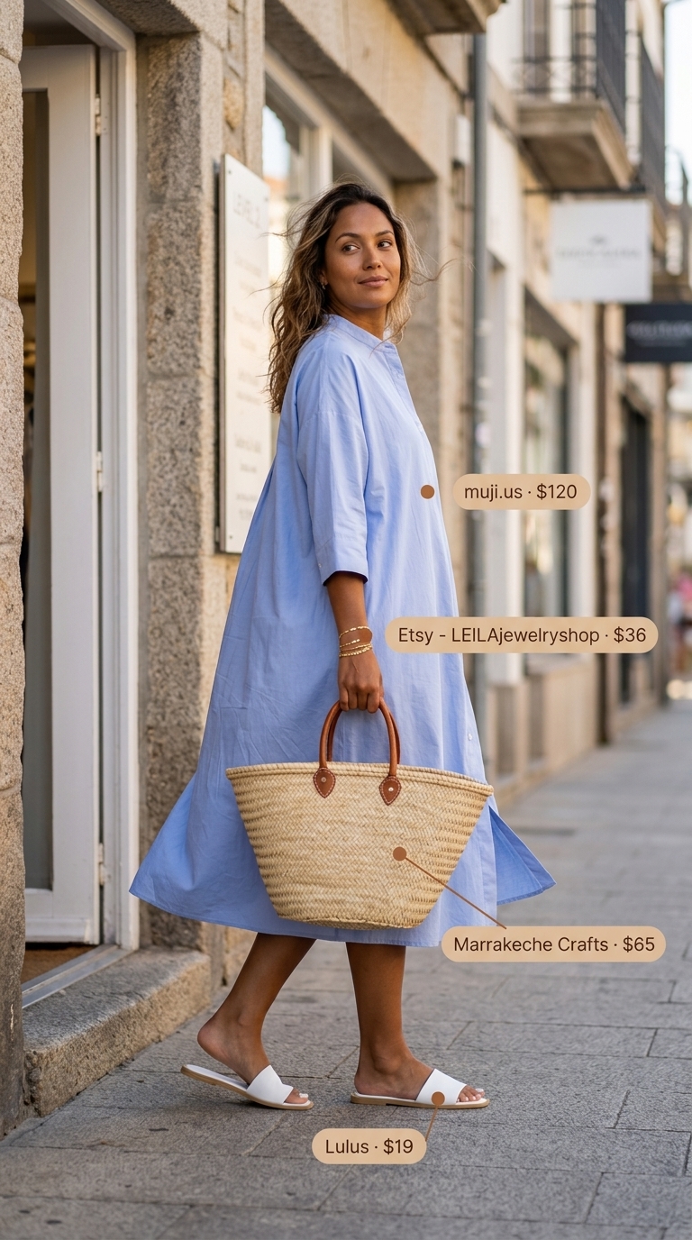 Sky blue cotton poplin shirt dress for women 2026, styled with straw tote and white slides for a beach day.