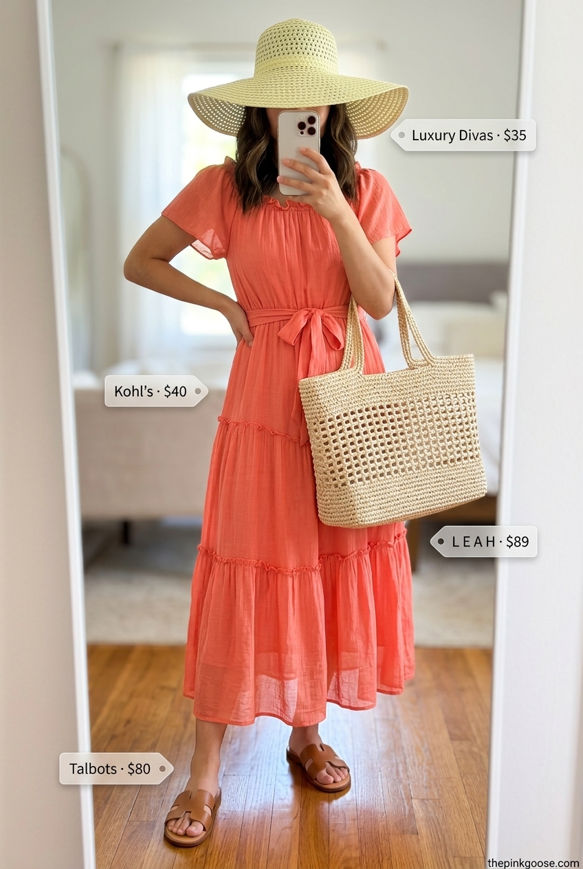 Soft coral linen shirt dress for women 2026, styled for vacation with straw hat and slides.