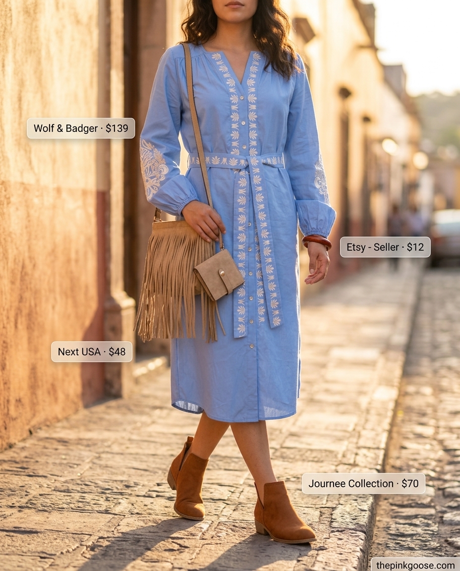Boho light blue embroidered shirt dress for women 2026, paired with suede boots and fringe bag for a festival.