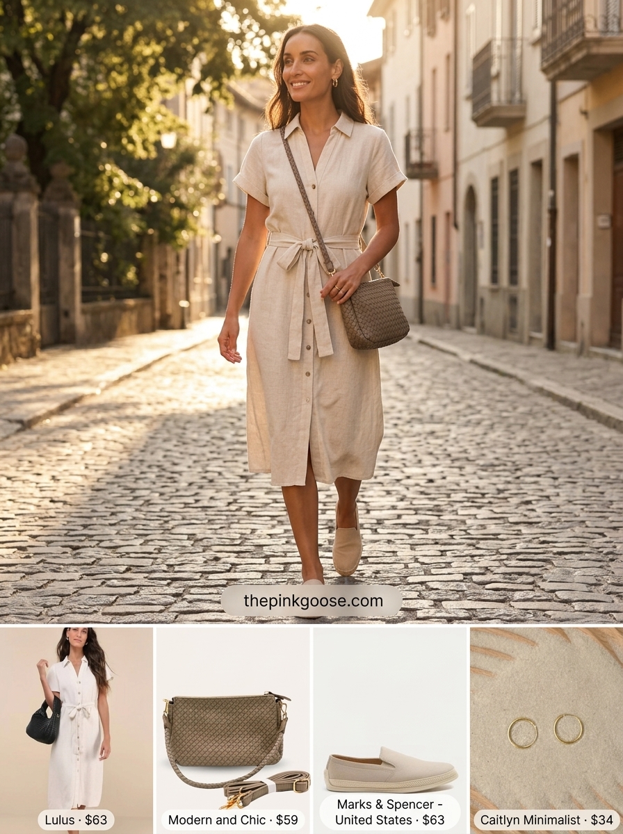 Soft beige linen shirt dress for women 2026, styled casually with espadrilles and gold hoops.