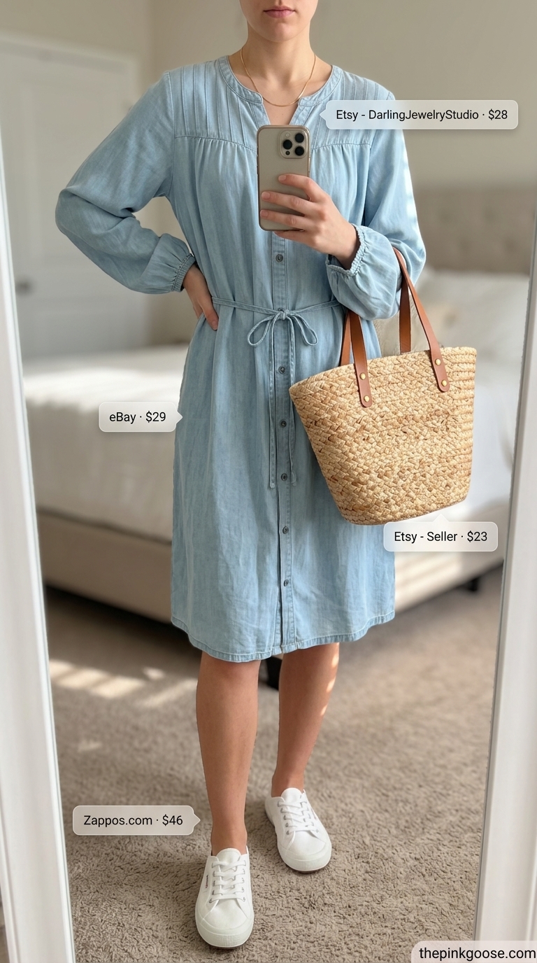 Relaxed light blue shirt dress for women 2026, styled with canvas sneakers and a straw tote for weekend brunch.