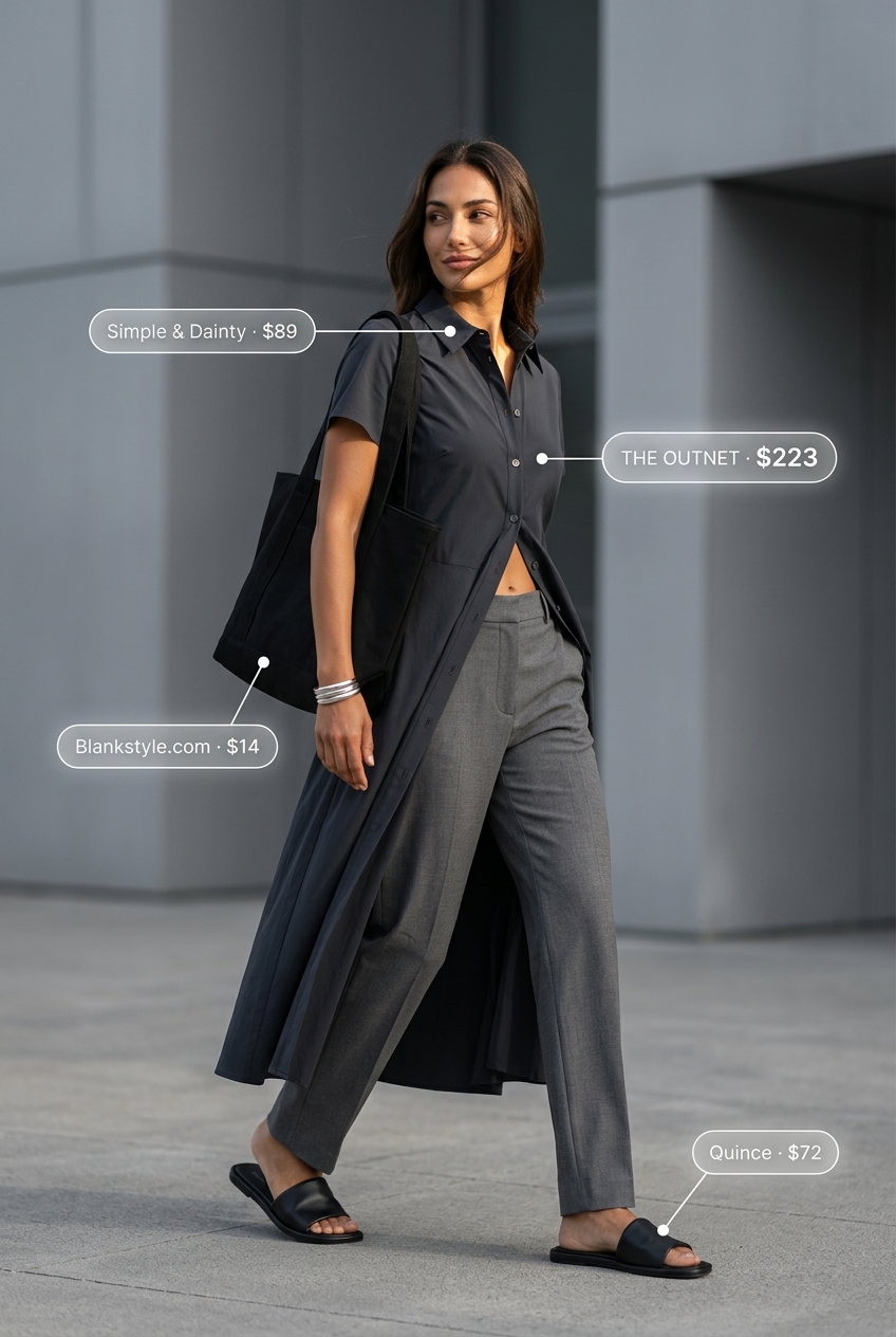 Modern charcoal grey Tencel shirt dress for women 2026, styled with minimalist slides and canvas tote.