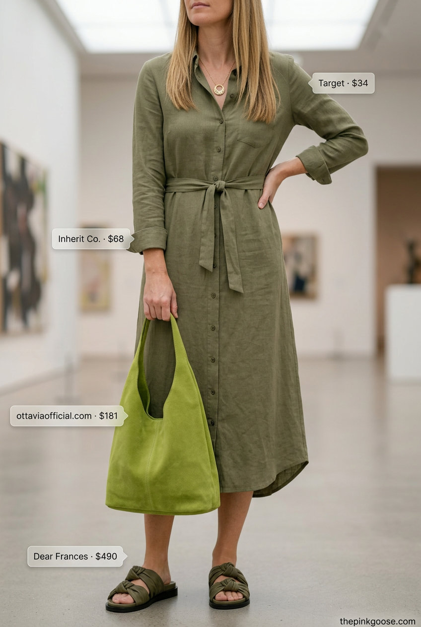 Monochromatic olive green linen shirt dress for women 2026, perfect for casual chic with leather slides and tote.