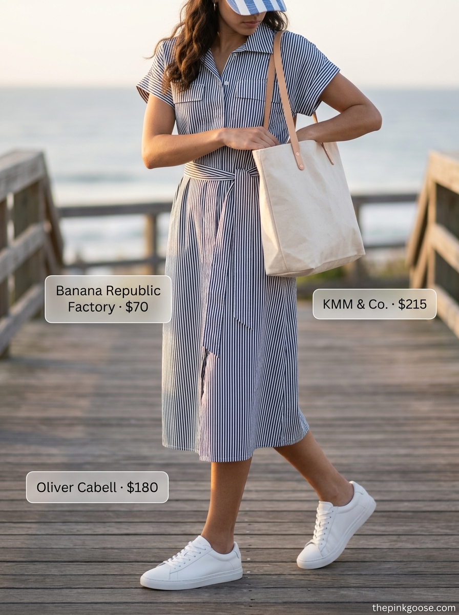 Preppy navy and white striped shirt dress for women 2026, paired with white sneakers and a canvas tote for errands.