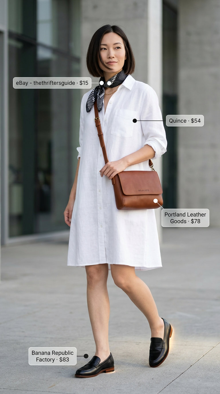 Crisp white linen shirt dress for women 2026, styled for travel with loafers and a crossbody bag.