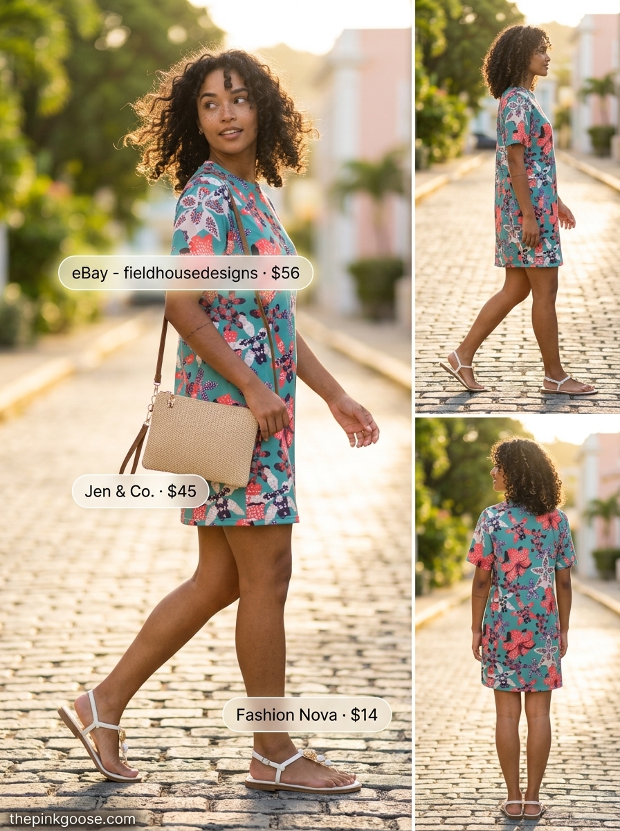 Coral and teal tropical print shirt dress for women 2026, styled for vacation with straw bag and hat.