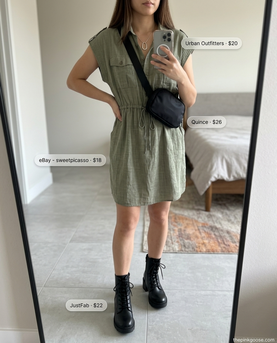 Olive green utility shirt dress for women 2026, styled with combat boots and a belt bag.