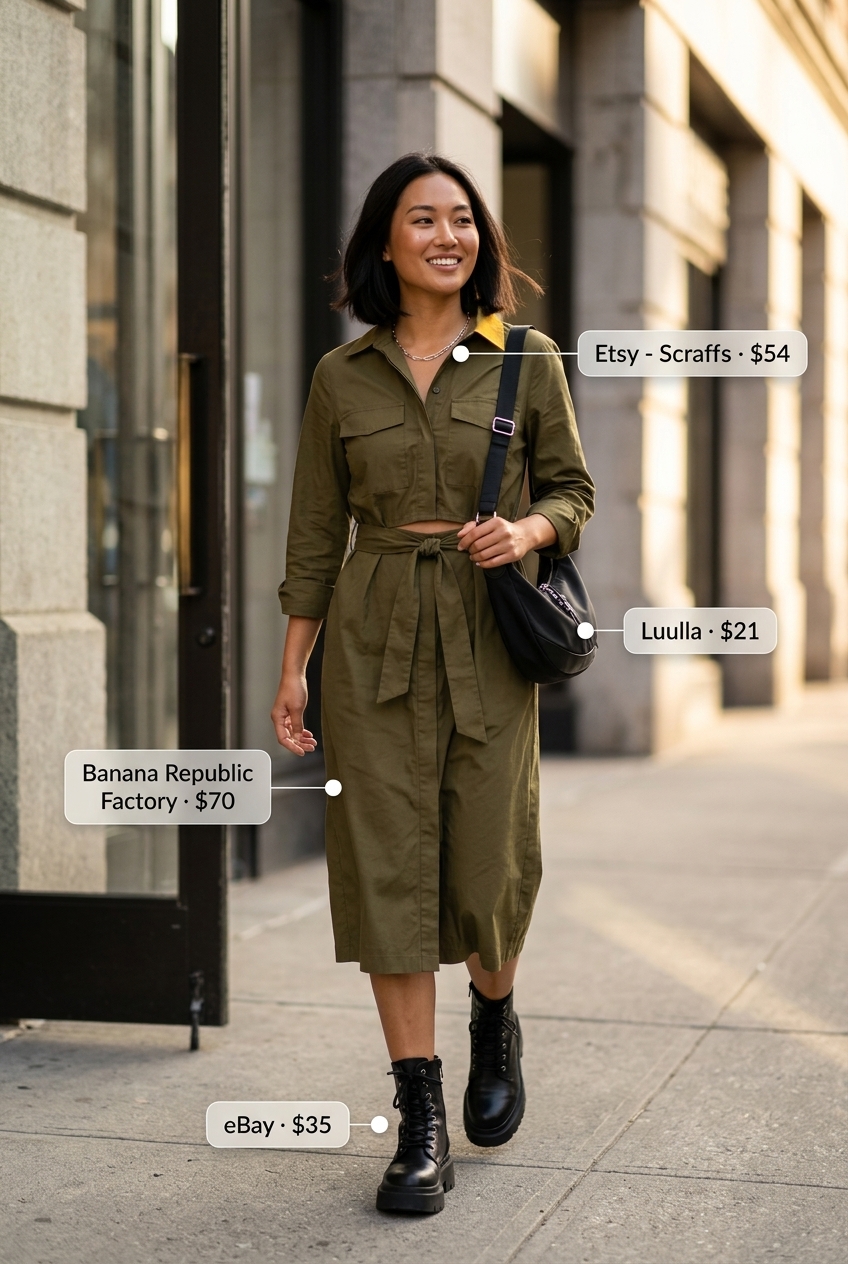 Urban khaki utility shirt dress for women 2026, styled with combat boots and crossbody bag for city exploration.