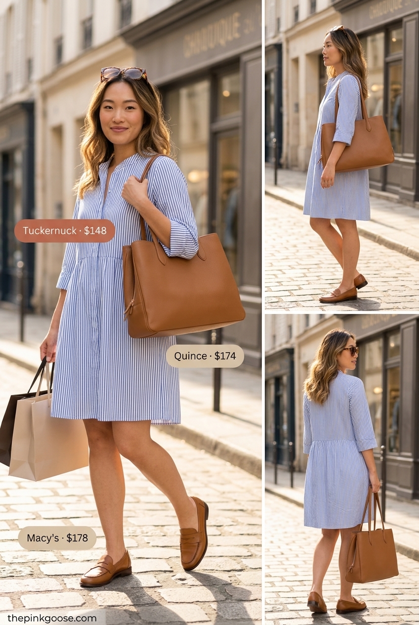 Classic blue and white stripe shirt dress for women 2026, perfect for weekend brunch with loafers and tote.