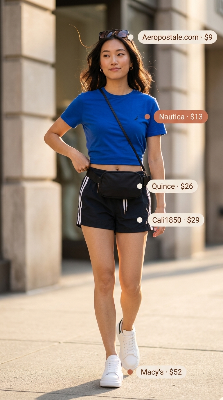 Athleisure Avenue Style 2026 Sporty athleisure outfit: cobalt blue tee, black track shorts, belt bag, and platform sneakers. Summer Short Sleeve T Shirts for women 2026.