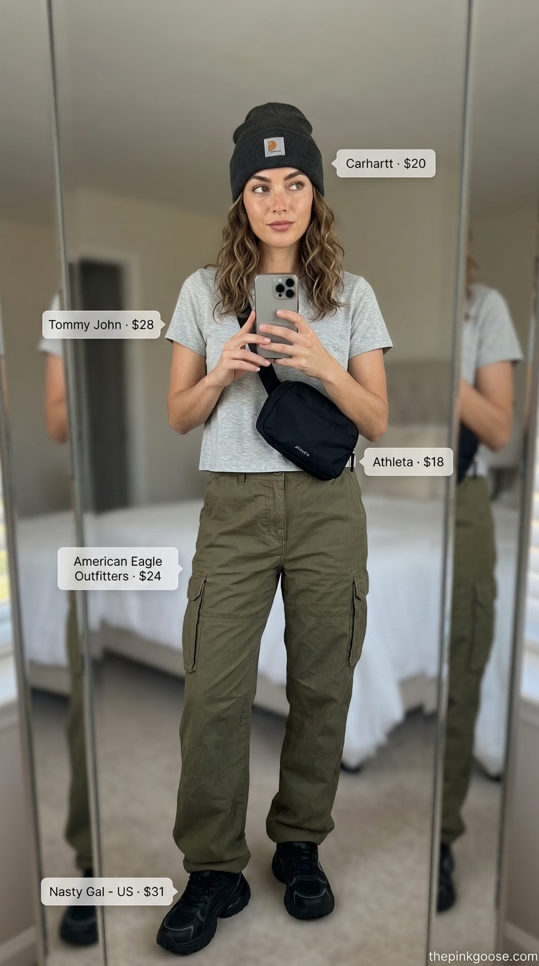 Athleisure Street Chic: Summer Short Sleeve T Shirts for Women 2026 Athleisure Street Chic outfit: Grey athletic t-shirt, olive cargo pants, black belt bag, chunky sneakers. Summer Short Sleeve T Shirts for women 2026.