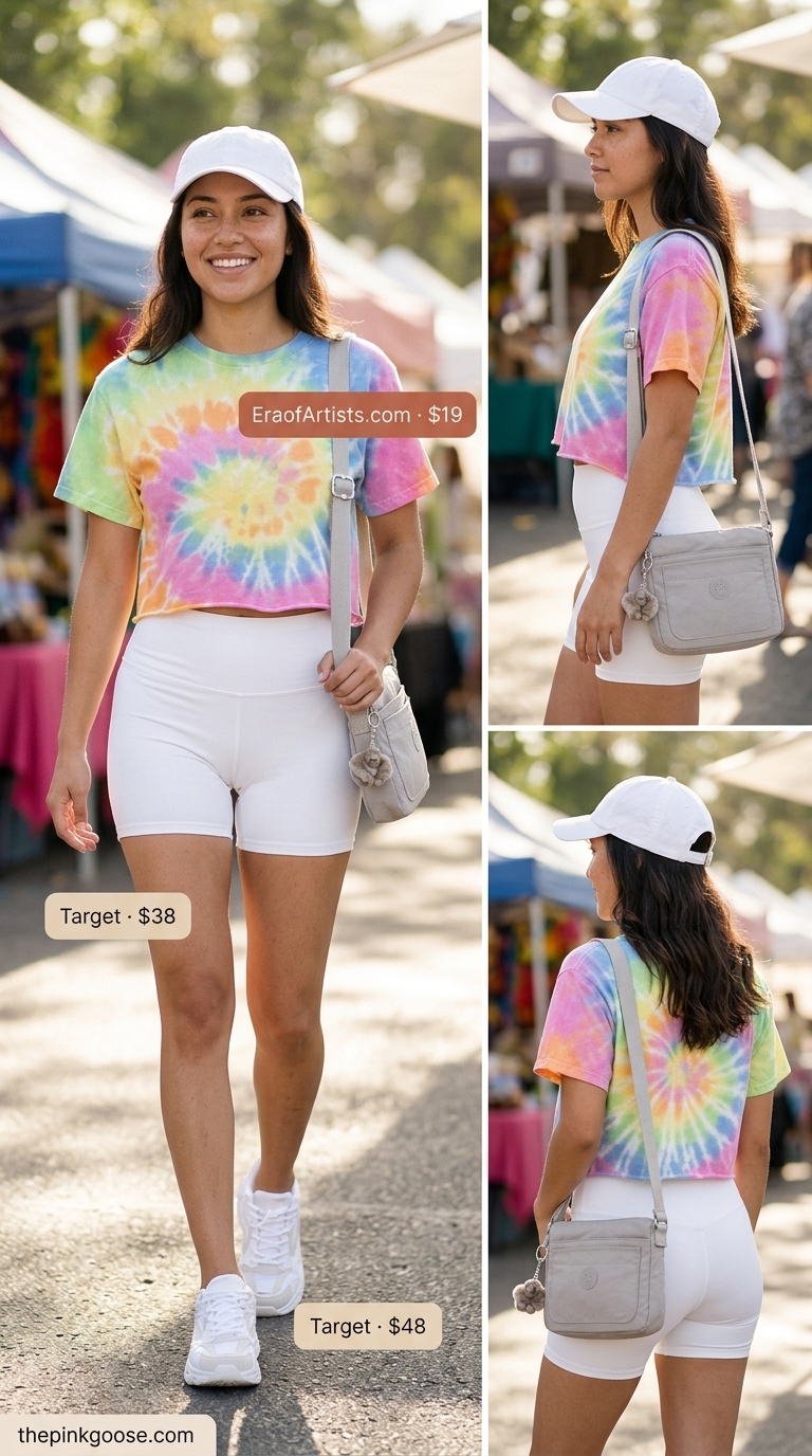 Athleisure Vibes 2026 | Casual Outing Playful Athleisure Vibes outfit with pastel tie-dye t-shirt, biker shorts, and sneakers. Summer Short Sleeve T Shirts for women 2026.