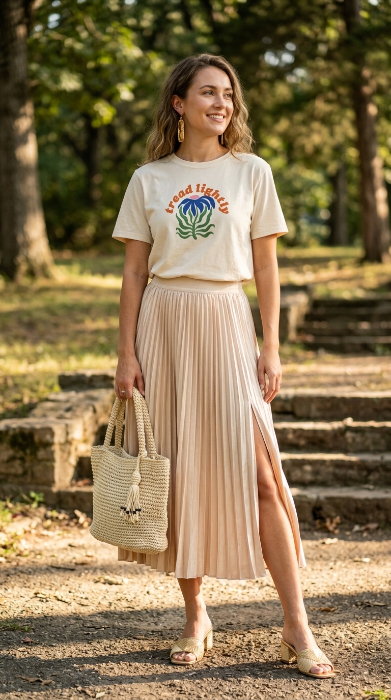 Bohemian Brunch: Summer Short Sleeve T Shirts for Women 2026 Artsy Brunch Bohemian outfit: Terracotta abstract print t-shirt, cream midi skirt, gold sandals, woven basket bag. Summer Short Sleeve T Shirts for women 2026.