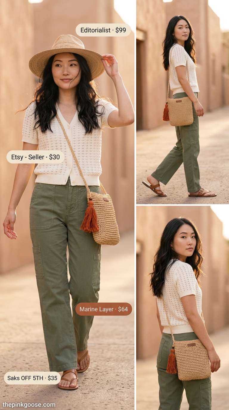 Bohemian Wanderer 2026 | Festival Style Bohemian Desert Wanderer outfit with printed t-shirt, cargo pants, and straw hat. Summer Short Sleeve T Shirts for women 2026.