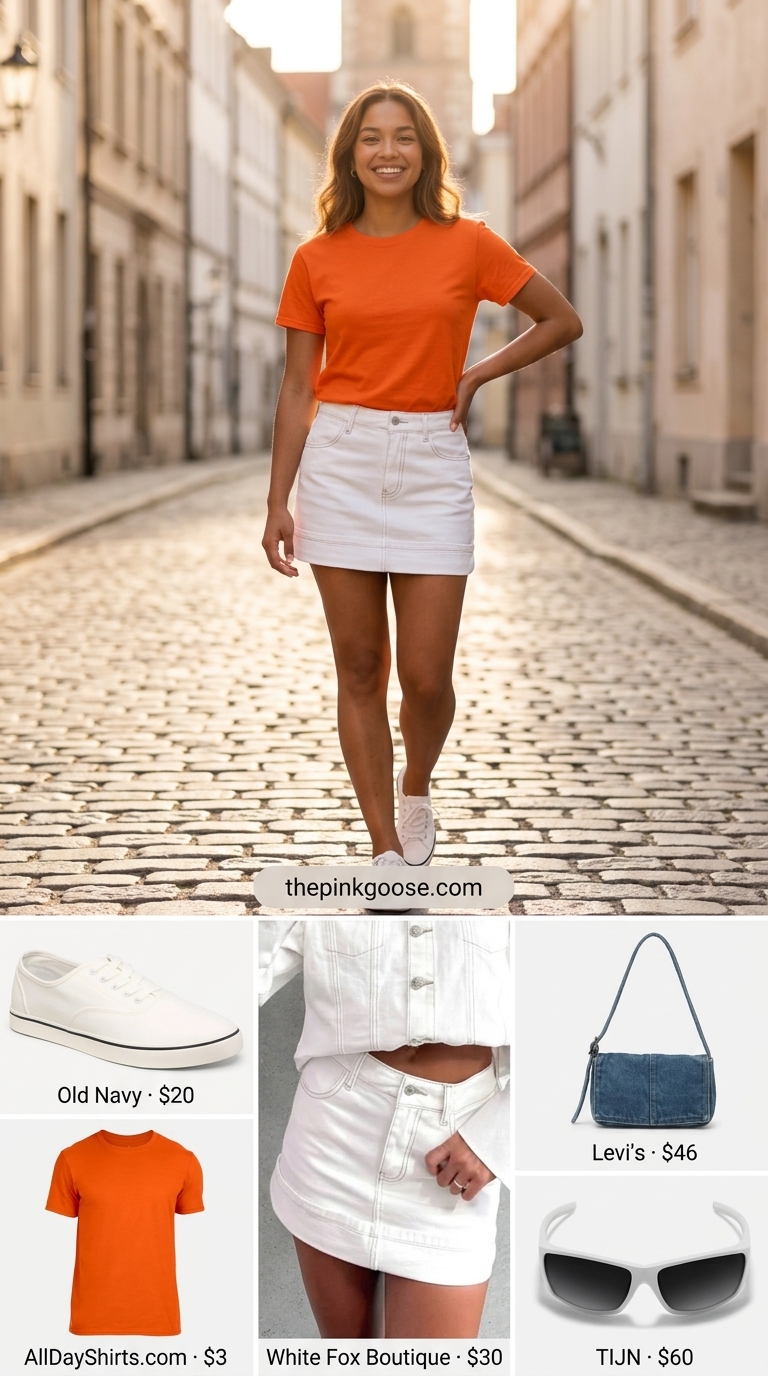 Cheerful Summer Day: Summer Short Sleeve T Shirts for Women 2026 Bright & Cheerful Summer Day outfit: Orange t-shirt, white denim mini skirt, white sneakers, denim crossbody bag. Summer Short Sleeve T Shirts for women 2026.