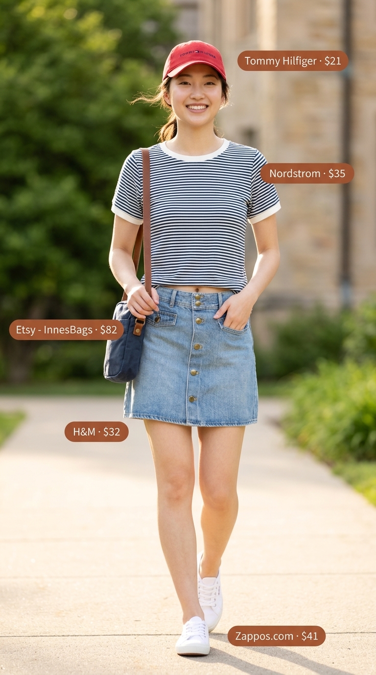 Campus Cool Style 2026 Youthful campus outfit: navy ringer tee, denim mini skirt, sneakers, and baseball cap. Summer Short Sleeve T Shirts for women 2026.