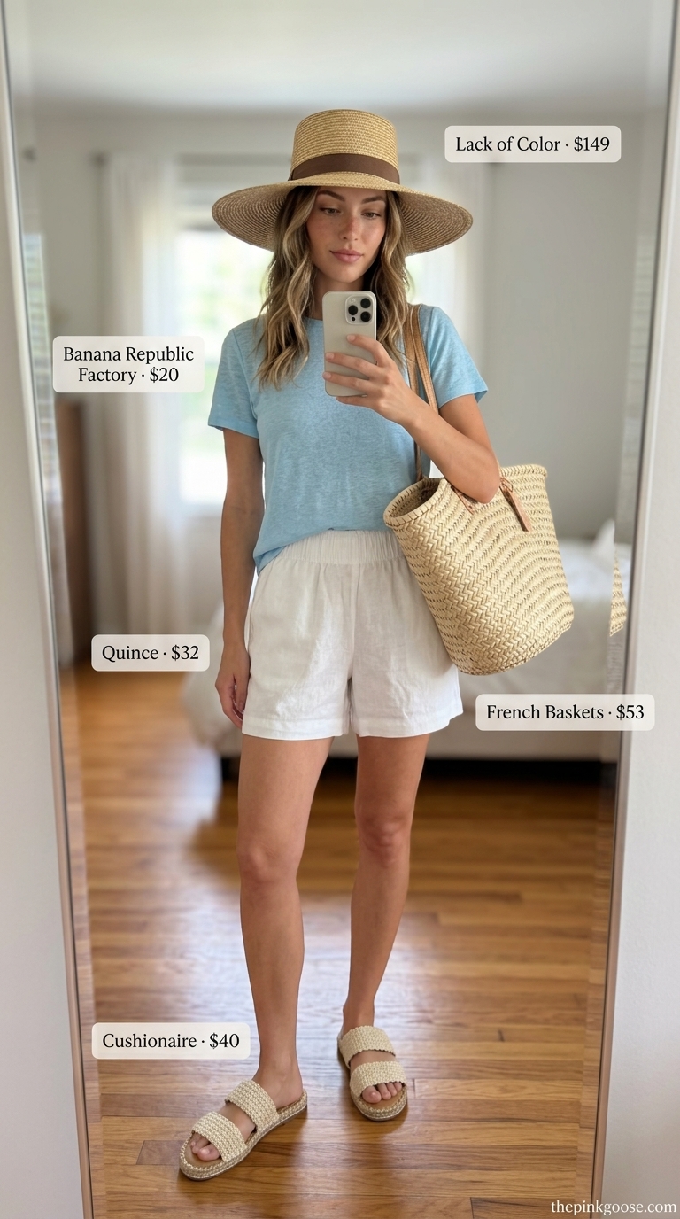 Coastal Comfort 2026 | Beach Vacation Coastal Linen Comfort outfit with sky blue t-shirt, white linen shorts, and straw accessories. Summer Short Sleeve T Shirts for women 2026.