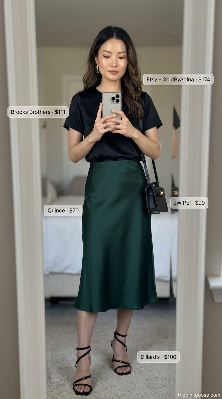Emerald City Glam: Summer Short Sleeve T Shirts for Women 2026 Emerald City Glam outfit: Black silk cropped t-shirt, emerald green satin midi skirt, gold drop earrings, black heeled sandals. Summer Short Sleeve T Shirts for women 2026.