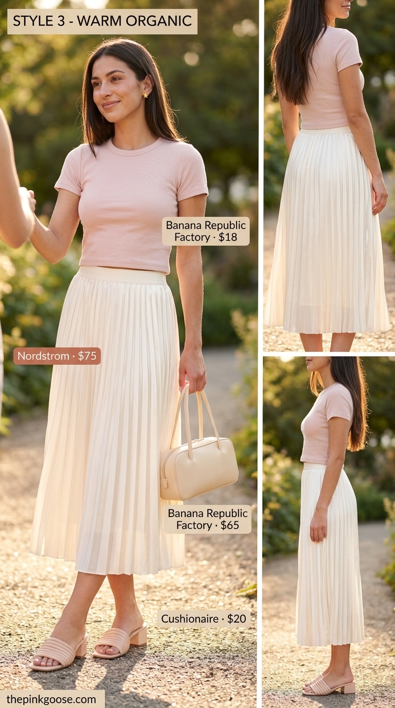 Brunch Delight 2026 | Feminine Style Feminine Brunch Delight outfit with soft pink t-shirt, pleated midi skirt, and block heels. Summer Short Sleeve T Shirts for women 2026.