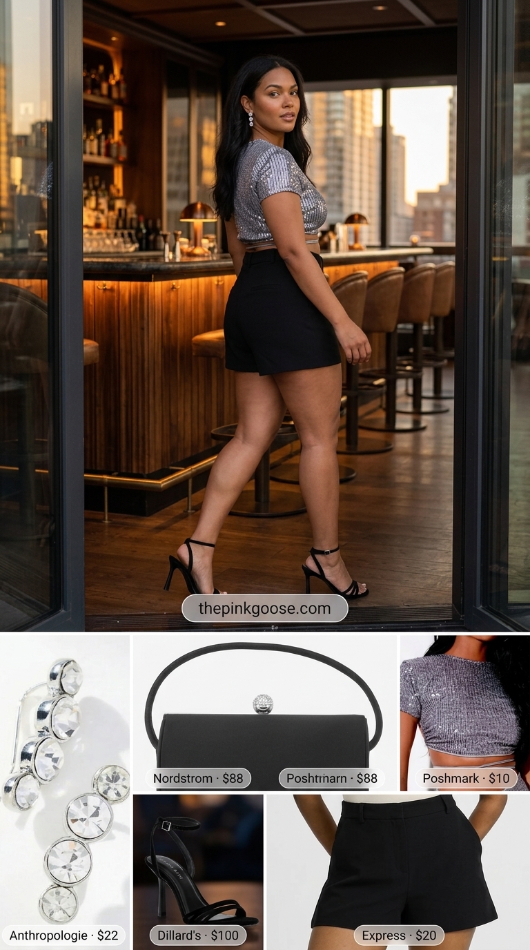 City Nights 2026 | Glamorous Party Glamorous City Nights outfit with sequin t-shirt, tailored shorts, and stiletto sandals. Summer Short Sleeve T Shirts for women 2026.