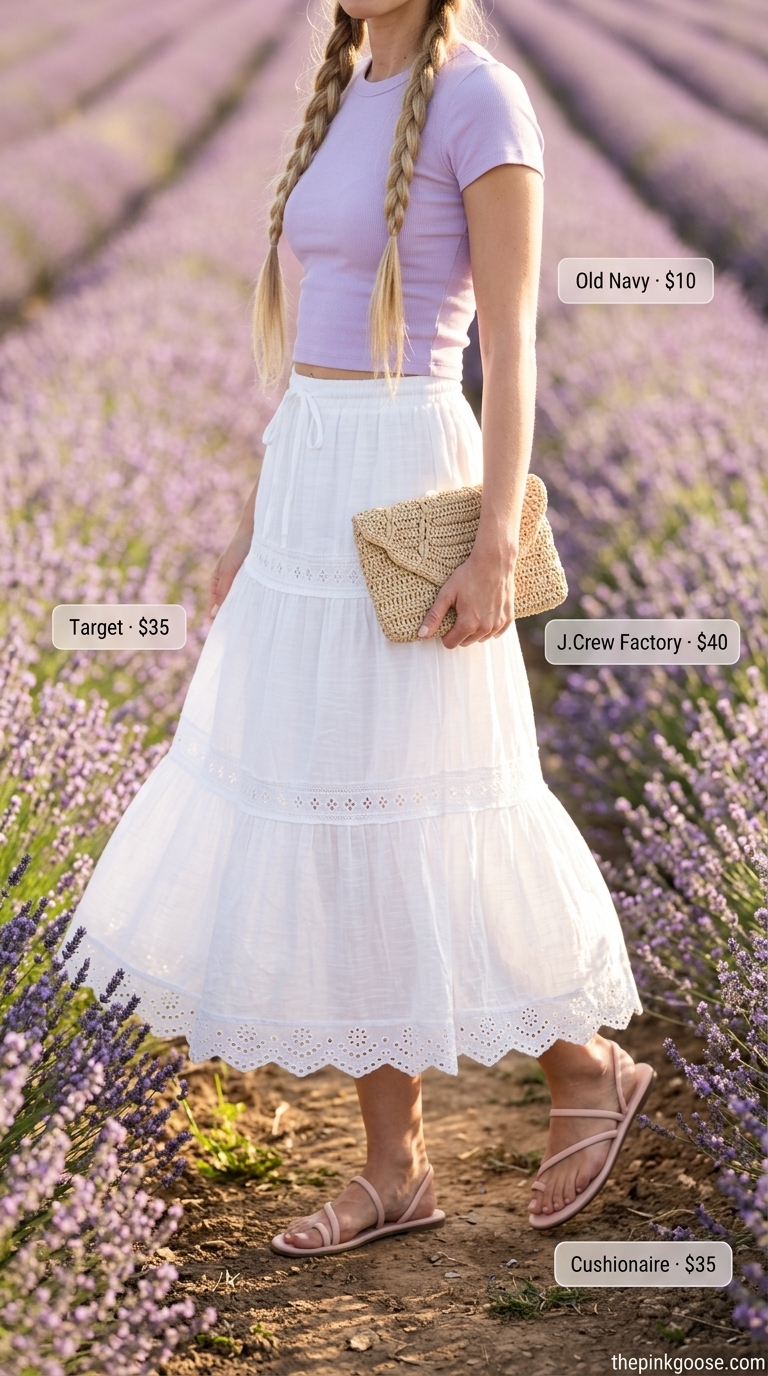 Lavender Field Picnic 2026 Romantic picnic outfit: lavender tee, white eyelet skirt, nude sandals, and raffia clutch. Summer Short Sleeve T Shirts for women 2026.