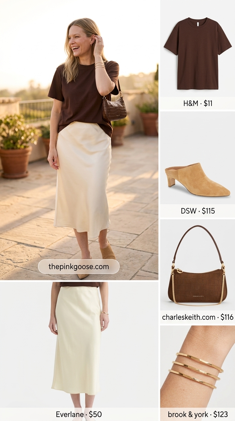 Mocha Luxe 2026 | Elevated Casual Laid-back Luxe Mocha outfit with mocha t-shirt, satin slip skirt, and nude mules. Summer Short Sleeve T Shirts for women 2026.