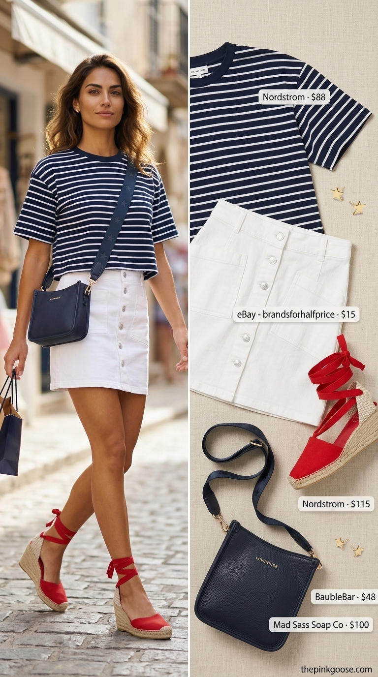 Seaside Charm: Summer Short Sleeve T Shirts for Women 2026 Preppy Seaside Charm outfit: Navy stripe t-shirt, white A-line skirt, red espadrille wedges, navy crossbody bag. Summer Short Sleeve T Shirts for women 2026.