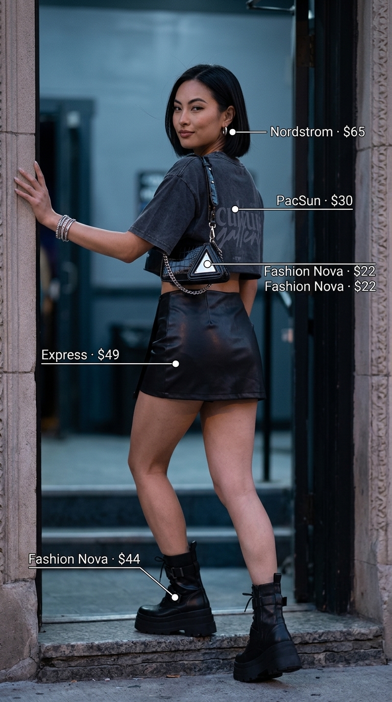 Rebel Heart Rendezvous 2026 Edgy concert outfit: black graphic tee, faux leather skirt, combat boots, and crossbody bag. Summer Short Sleeve T Shirts for women 2026.