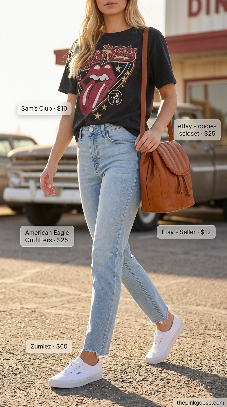 Retro road trip outfit featuring a washed black graphic tee, light wash mom jeans, and cognac bag. Summer Short Sleeve T Shirts for women 2026.