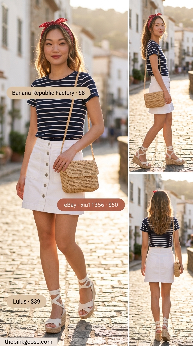 Seaside Charm 2026 | Beach Day Retro Seaside Charm outfit with striped t-shirt, A-line skirt, and espadrille wedges. Summer Short Sleeve T Shirts for women 2026.