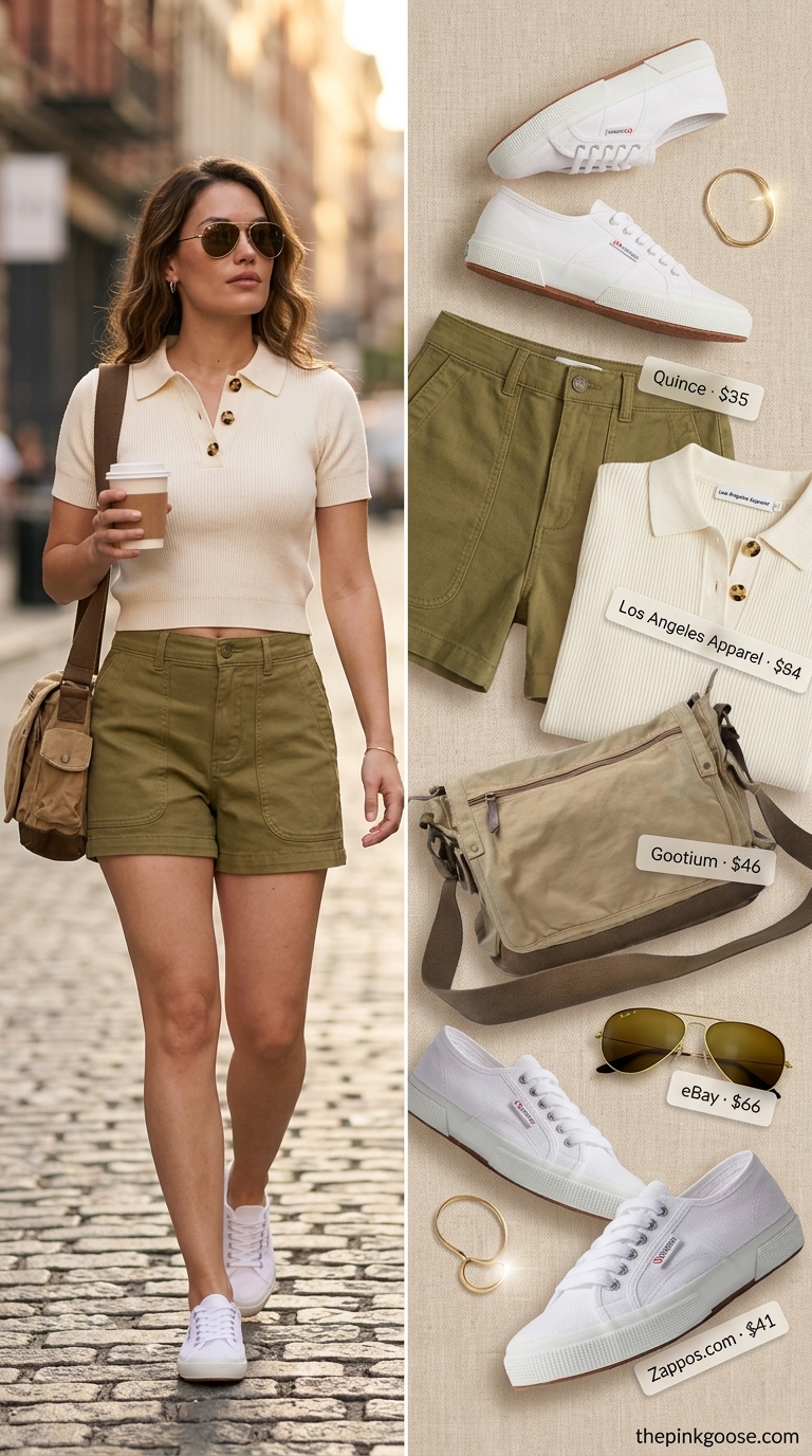 Safari Adventure: Summer Short Sleeve T Shirts for Women 2026 Safari Adventure Ready outfit: Cream cropped knit polo t-shirt, olive green utility shorts, tan crossbody bag, white sneakers. Summer Short Sleeve T Shirts for women 2026.