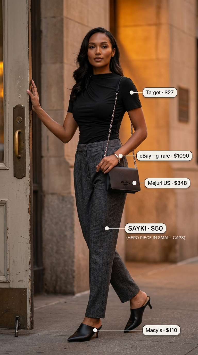 Sleek Urban Edge 2026 Sleek urban outfit: black mock neck tee, charcoal trousers, pointed mules, and mini shoulder bag. Summer Short Sleeve T Shirts for women 2026.
