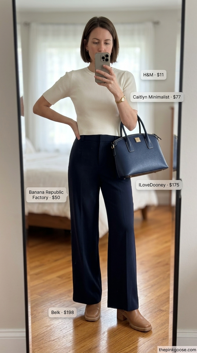 Summer Office Chic: Summer Short Sleeve T Shirts for Women 2026 Sophisticated Summer Office outfit: Ivory ribbed knit t-shirt, navy linen trousers, camel mules, navy satchel. Summer Short Sleeve T Shirts for women 2026.