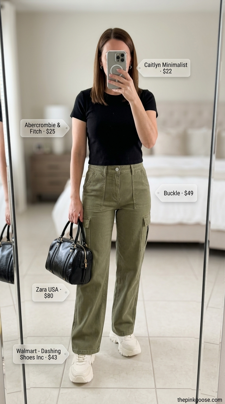 Urban Edge Explorer: Summer Short Sleeve T Shirts for Women 2026 Urban Edge Explorer outfit: Black cropped short sleeve t-shirt, khaki cargo pants, silver hoops, black mini bag, platform sneakers. Summer Short Sleeve T Shirts for women 2026.