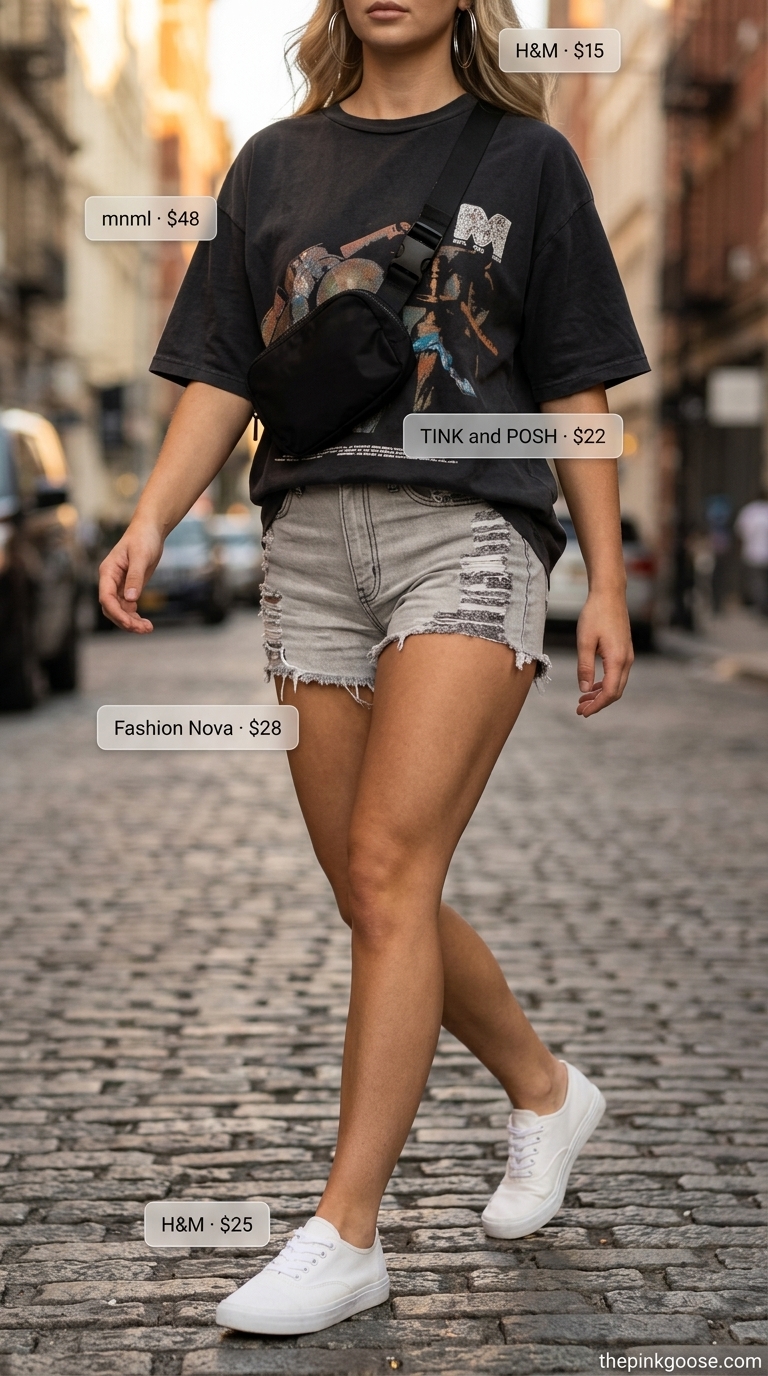 Urban Edge 2026 | City Sightseeing Urban Edge Explorer outfit with graphic t-shirt, distressed shorts, and belt bag. Summer Short Sleeve T Shirts for women 2026.