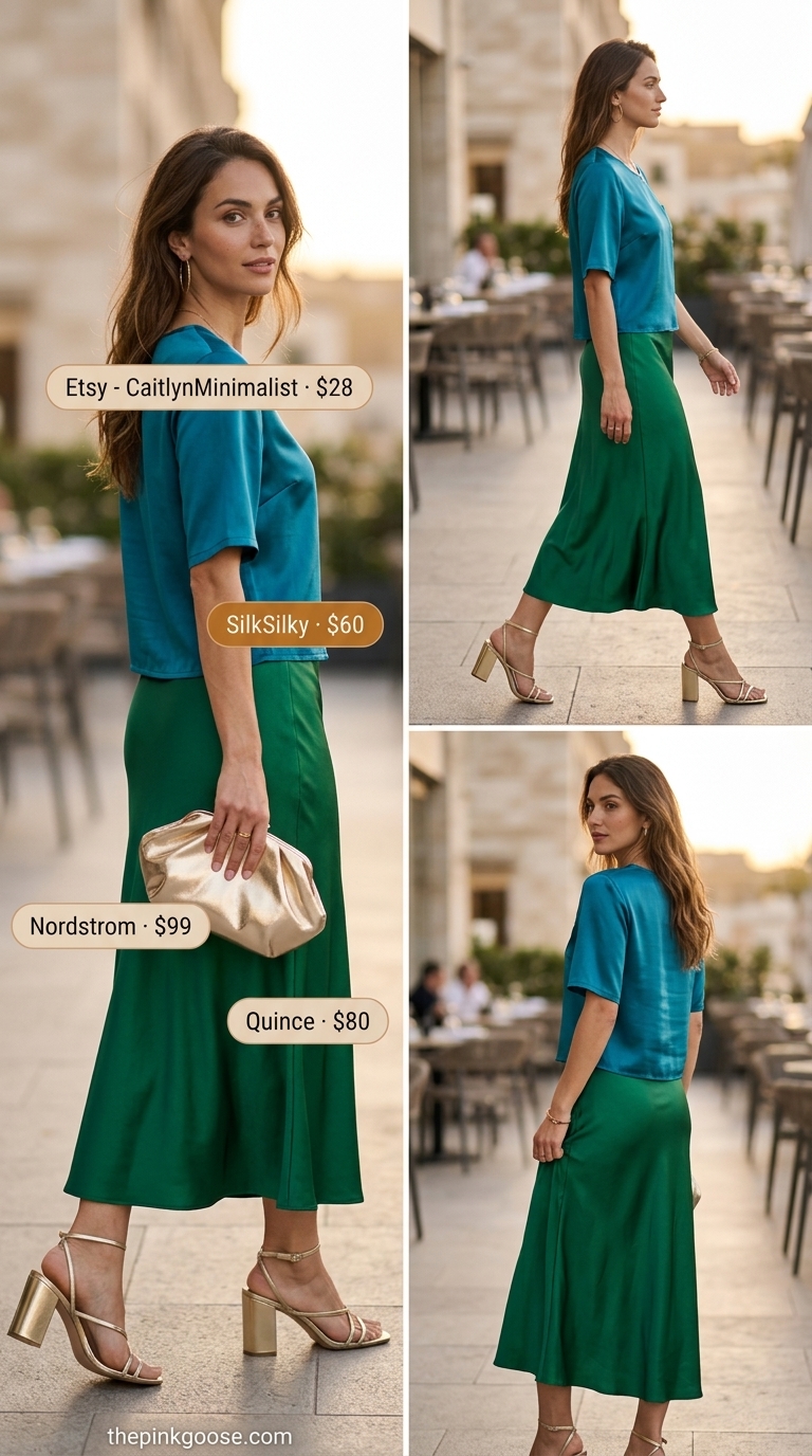 Emerald Elegance 2026 | Resort Dinner Vacation Emerald Elegance outfit with emerald green t-shirt, flowy maxi skirt, and gold accessories. Summer Short Sleeve T Shirts for women 2026.