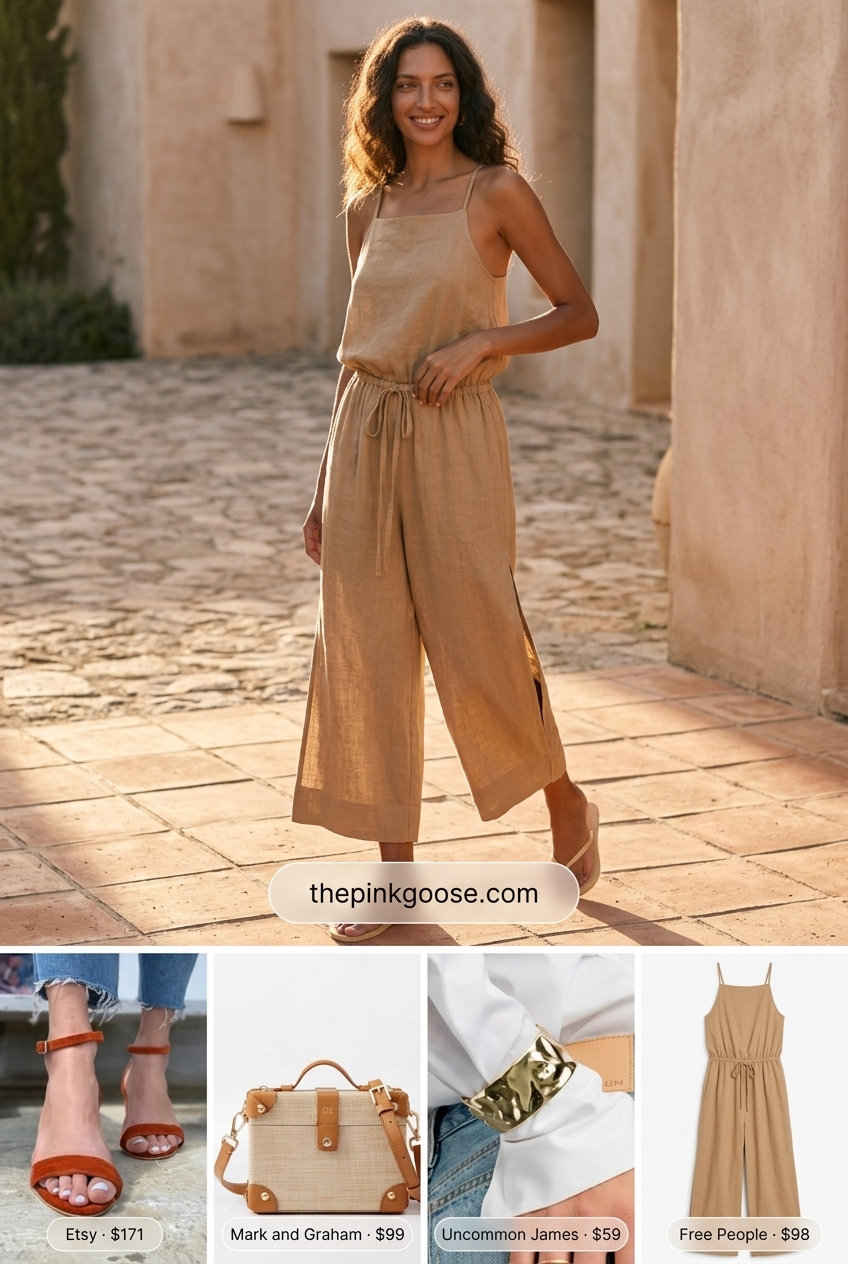 Elegant summer square neck jumpsuit outfit for women 2026: Beige linen wide-leg jumpsuit, terracotta sandals.