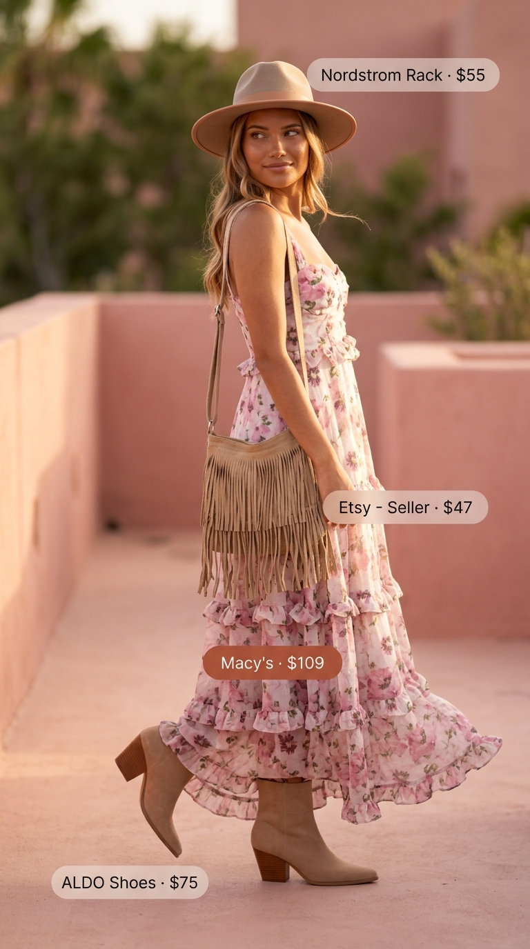 Summer Square Neck outfits for women 2026: Boho floral maxi dress with fringe crossbody and suede boots for festivals.