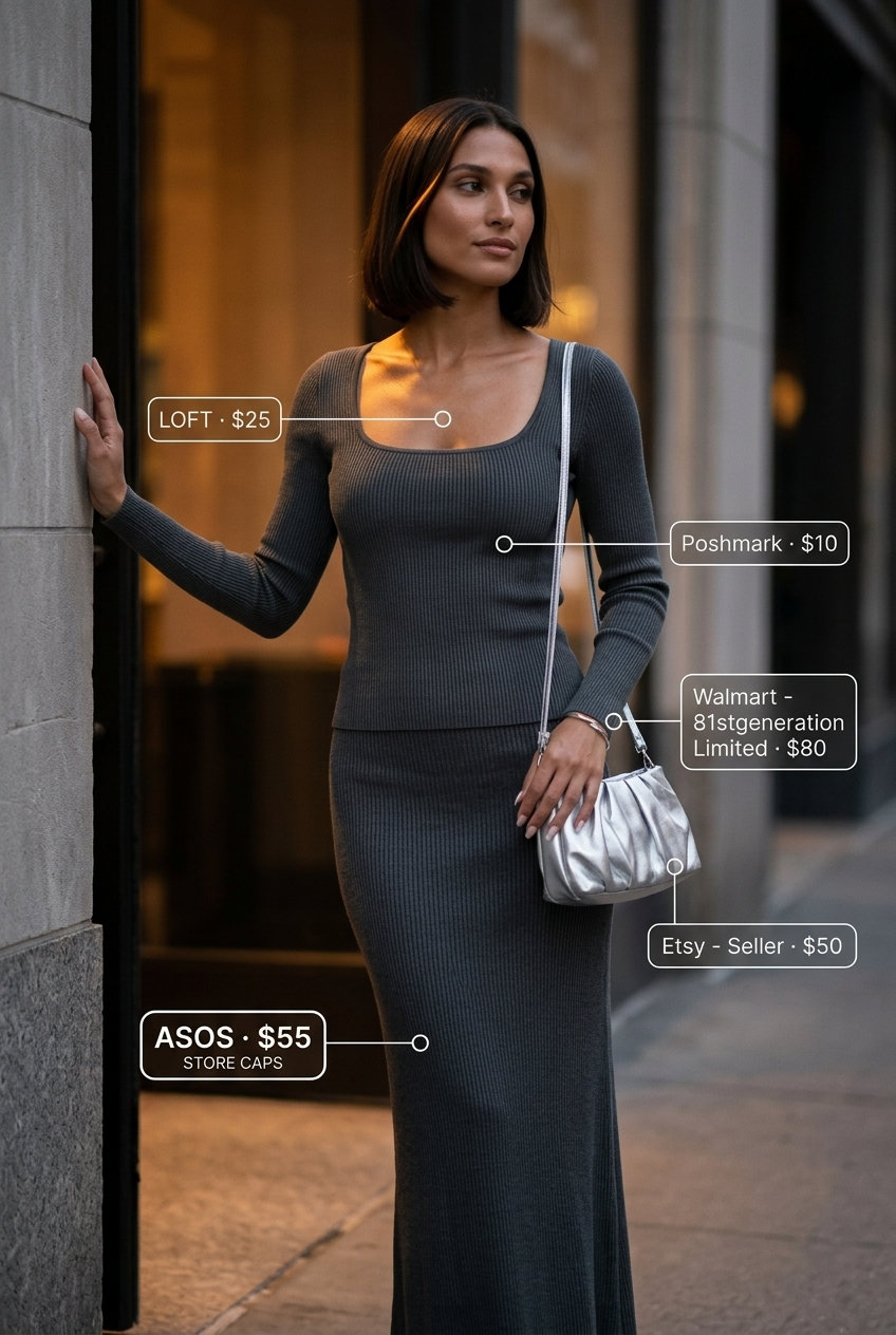 Summer Square Neck outfits for women 2026: Sophisticated charcoal grey knit skirt and top set with silver heels.
