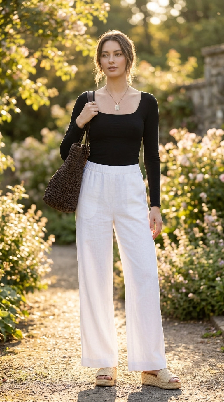 Coastal blue square neck top with white linen pants and straw tote for summer 2026.