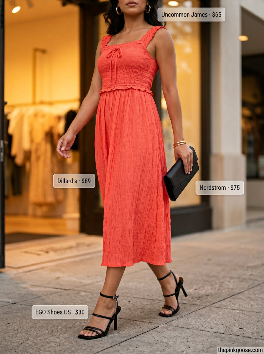 Vibrant coral square neck midi dress with black heels and clutch for summer 2026.