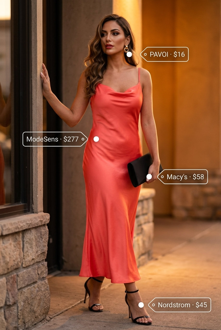 Elegant coral satin square neck slip dress with black heels and clutch for summer 2026.