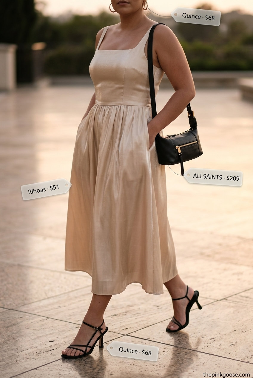 Summer Square Neck outfits for women 2026: Chic coral satin slip dress with black heels for a sophisticated evening look.
